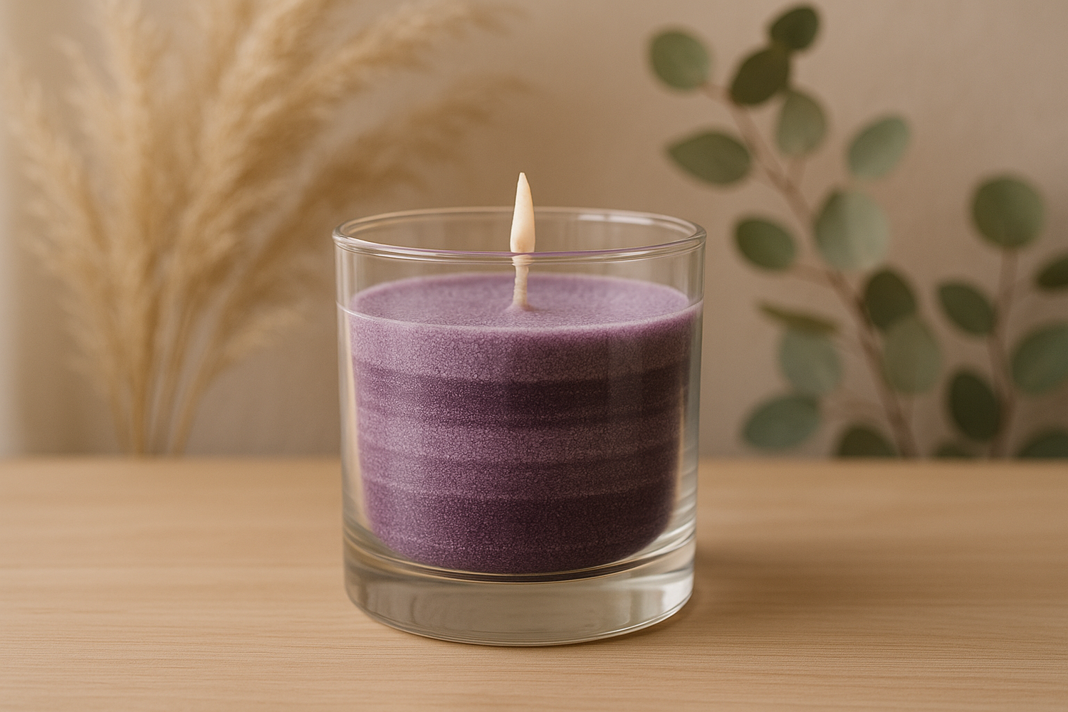 erstelle ein Bild von einer Sandwachskerze in lila in einem Kerzenglas vor einem ästehtischen Hintergrund